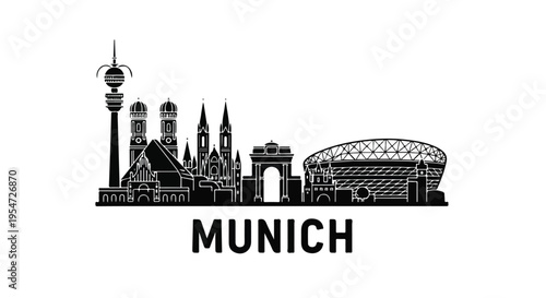 Black and white illustration of Munich city skyline with famous landmarks and the word 'MUNICH' on a plain white background.