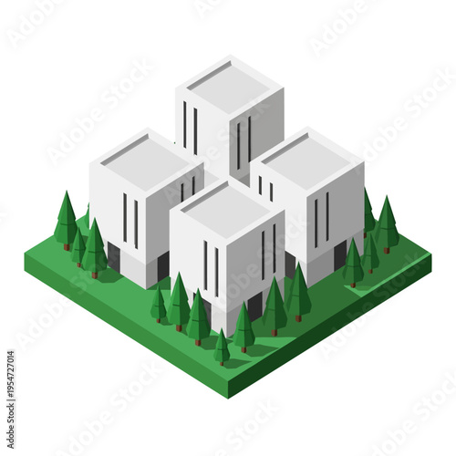 Isometric view of a modern residential complex with four identical cube-shaped buildings surrounded by lush green trees on a grassy plot.