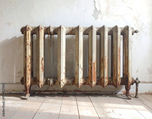 Close-up of an aged, rusted radiator against a peeling wall and weathered wooden floor. The heater is centrally positioned, with its intricate metalwork detailed