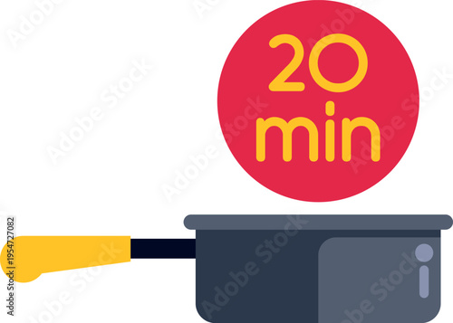 Saucepan with a timer indicating twenty minutes preparation time in a flat design