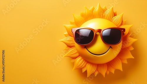 Smiling Cartoon Sun Wearing Sunglasses Against A Bright Yellow Background