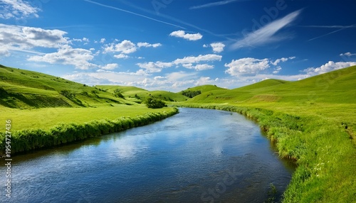A Serene Landscape Features A Clear River Winding Through Vibrant Green Hills Under A Bright Blue Sky Filled With Fluffy White Clouds