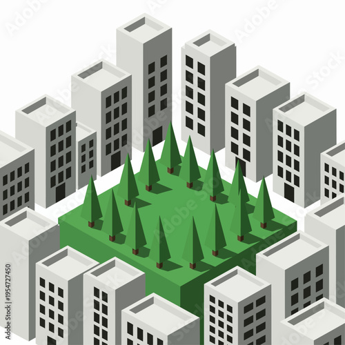 Isometric view of a dense urban cityscape with a central green park surrounded by tall buildings.