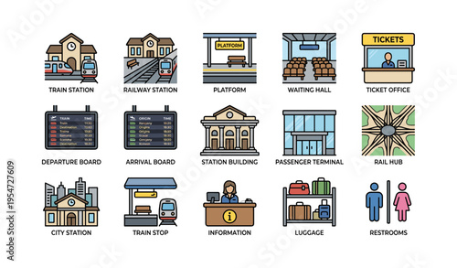 Illustration of train and railway station icons including platforms and ticket office