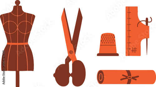 Set of 5 brown and orange sewing and tailoring tools vector