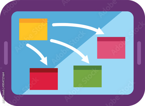 Tablet showing a workflow process with interconnected colorful boxes and arrows