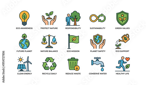 Eco awareness and sustainability icons promoting protecting nature and green values