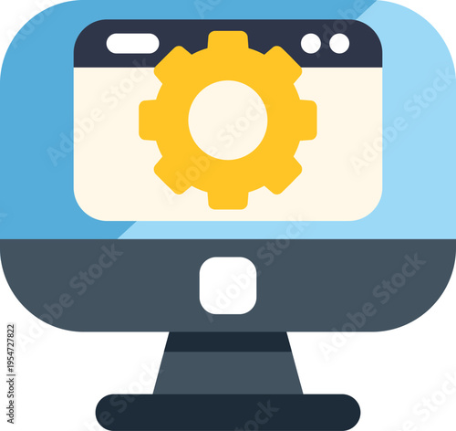 Desktop monitor showing a cogwheel on a browser window, symbolizing web development and customization