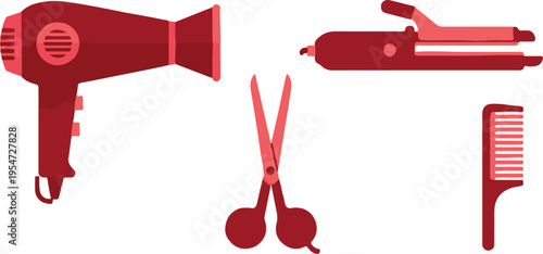 Set of 4 Red Hair Salon Tools Vector Icons