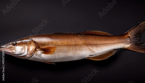 Merluza Aislada Que Representa Pesca Comercial Alimentacion Saludable Fauna Marina Y Recurso Grafico Para Diseno Culinario Merluza Alargada Con Tonos Marrones Y Claros Aislada Sobre Fondo Oscuro