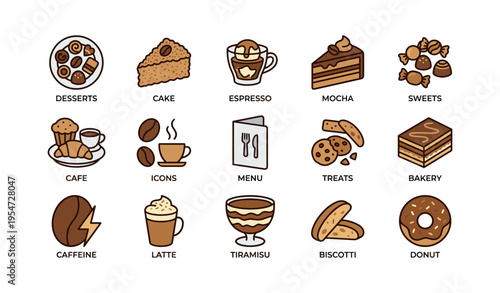 Delicious desserts and coffee icons: cake, espresso, mocha, sweets, donut, tiramisu
