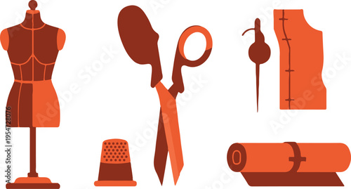 Set of 6 Flat Design Sewing and Tailoring Tools Vector Icons