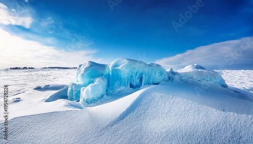 Scenic Shot Of A Bright Blue Ice Formation On White Snow Under A Vast Blue Sky