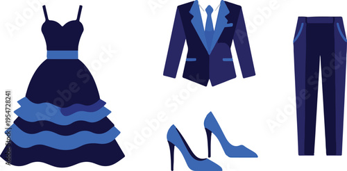 Elegant Blue Formal Wear Vector Set with Dress, Suit, and High Heels