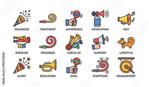 Health and fitness icons illustrating treatment, exercise, and lifestyle management strategies