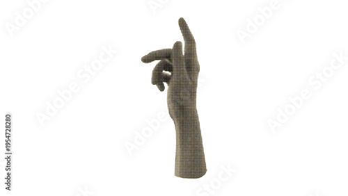 A stylized human hand gesture rendered with a digital dot matrix pattern on a solid white background