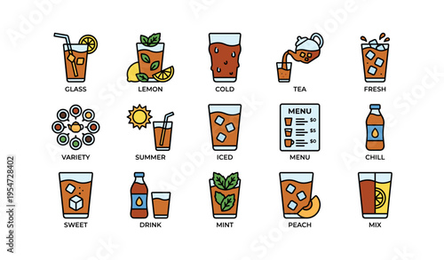 Refreshing iced tea icons: lemon, mint, peach, and more in colorful cartoon style