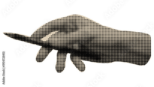A stylized human hand depicted in a vintage halftone dot pattern isolated on a plain white background