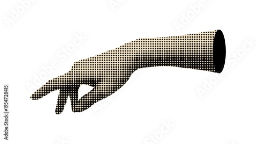 A minimalist graphic illustration of a human hand using a halftone dot pattern on white background