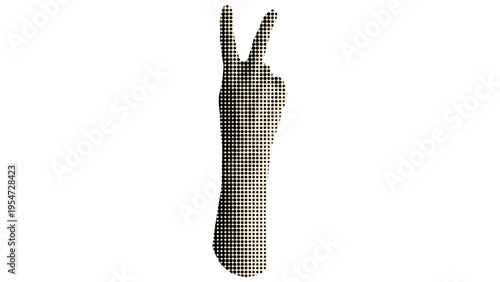 A minimalist graphic illustration of a hand showing a peace sign using a halftone dot pattern effect