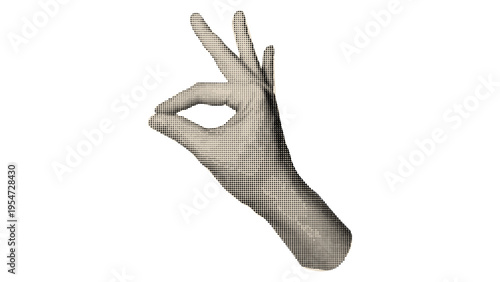 A stylized human hand forming the okay gesture with a unique halftone dot pattern on white background