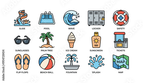Summer fun icons: pool, ice cream, palm trees, and beach ball