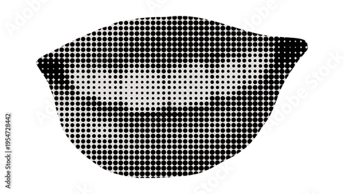 A stylized black and white halftone illustration of human lips set against a solid white background
