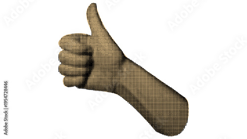 A stylized human hand gesture showing a thumbs up sign rendered with a unique halftone dot pattern
