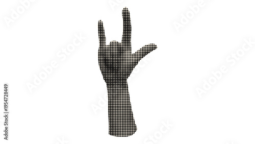 A minimalist graphic illustration of a hand gesture made of black halftone dots on white background