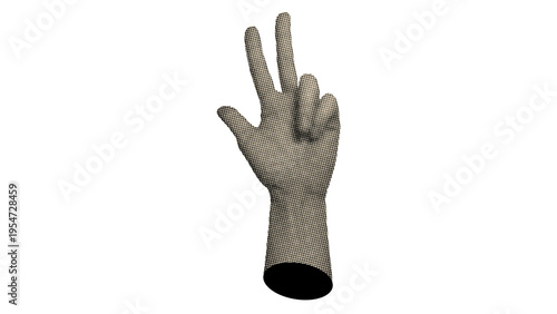 A stylized human hand gesture rendered in a vintage halftone dot pattern against white background
