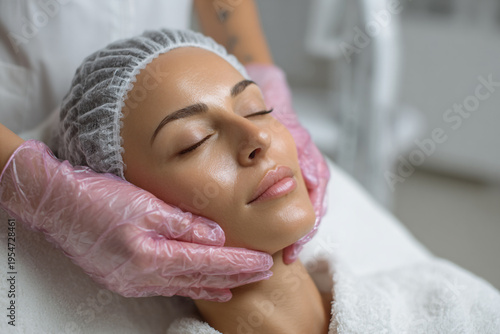 Close up of a beautiful woman receiving a professional facial massage and skin treatment from a therapist in a clinic.