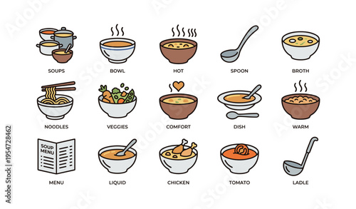 Assorted soup icons: bowls, noodles, and ingredients with utensils