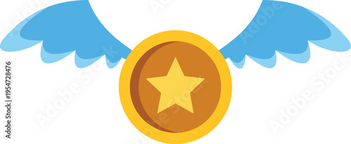 Golden coin with star and blue wings flying, symbolizing bonus and achievement