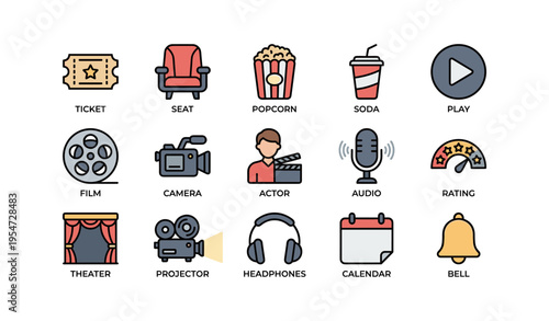 Cinema icons set: movie, popcorn, camera, actor, theater elements illustrated