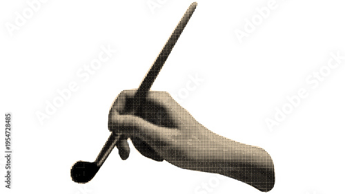 A close up of a human hand holding a makeup brush rendered in a vintage halftone dotted style