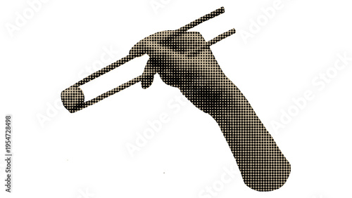 A stylized halftone graphic of a human hand holding a rectangular frame against a white background