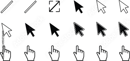 Vector Set of Computer Mouse Cursors and Hand Pointer Icons Featuring Arrow Selectors Clicker Symbols and Touch Gestures for Digital Interface Design