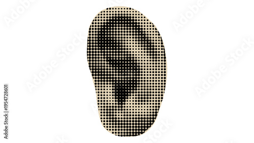A minimalist graphic illustration of a human ear created using a dot halftone pattern effect