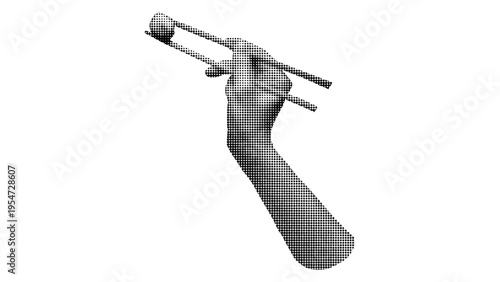 A halftone black and white illustration of a hand holding a single small ball with two chopsticks