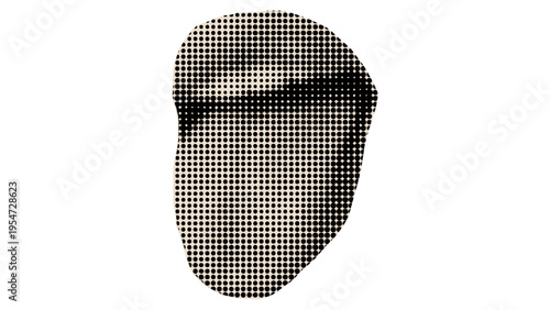 A minimalist graphic illustration of a human tongue featuring a distinct halftone dot pattern
