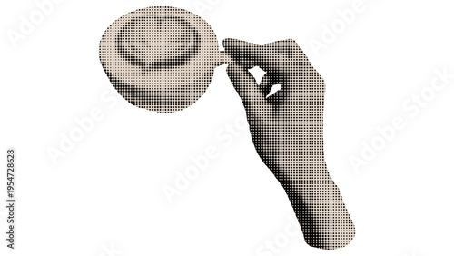 A halftone illustration of a hand holding a small white coffee cup against a plain white background