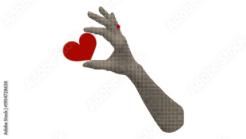 A textured human hand holding a small vibrant red heart isolated on a stark white background view