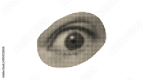 A stylized artistic representation of a human eye created using a monochromatic halftone pattern