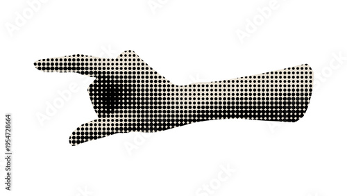 A stylized human hand gesture rendered in a black and white halftone dot pattern against white