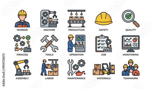 Icon set depicting worker safety, production, and tools for quality monitoring
