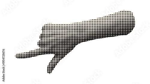 A stylized human hand reaching forward rendered with a halftone dot pattern on a white background
