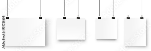 Minimal blank paper mockups hanging with clips on transparent background. Clean realistic stationery templates with soft shadows, ideal for branding, presentations, posters, and design previews