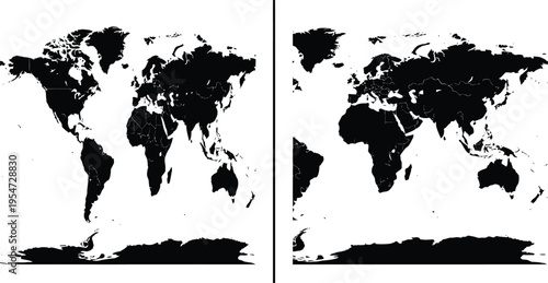 Black World Map Vector Silhouette Set Featuring Detailed Continents and Global Cartography for Travel Infographics Business Presentations Educational Resources and Geography Design
