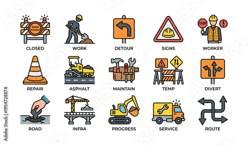 Construction site icons: work, detour, safety signs, repair equipment, infrastructure progress