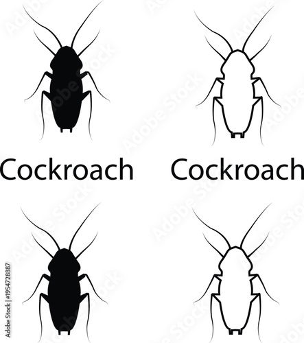 Cockroach vector set collection group with roach insect pest icons, bug infestation symbol silhouette outline minimal editable isolated clipart design